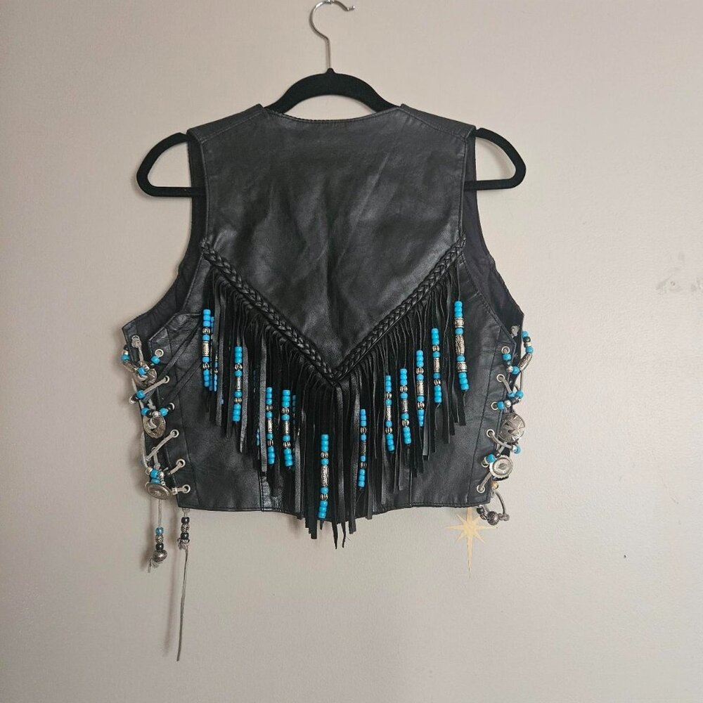 Vtg Hot Leathers Medium Hand Beaded Black Leather Jacket Vest with Fringe